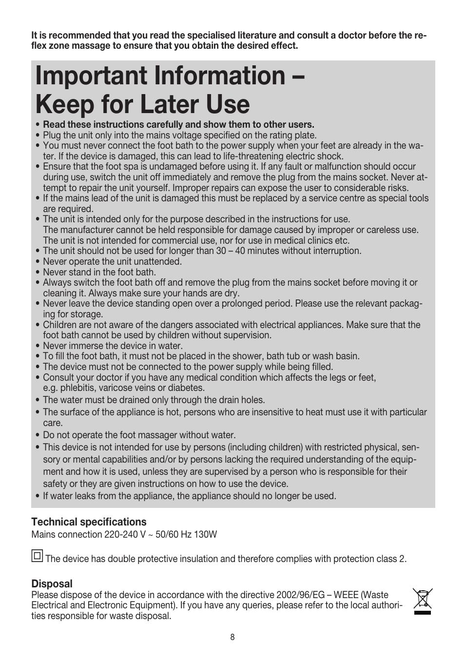 Important information – keep for later use | Beurer FB 25 User Manual | Page 8 / 32