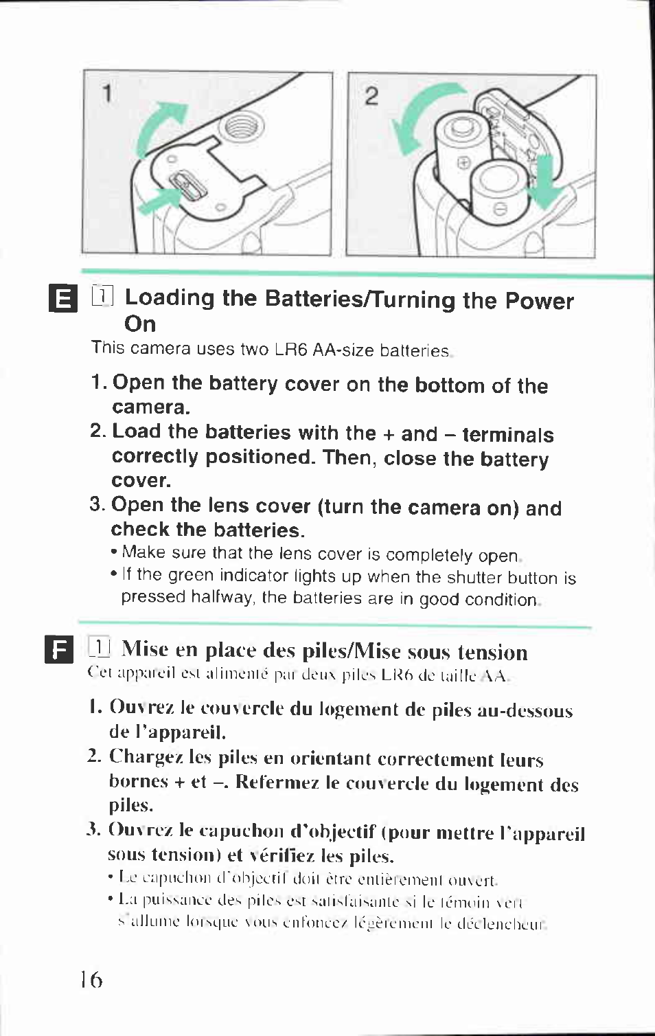 Li] loading the batteries/turning the power on, Open the battery cover on the bottom of the camera, U misp en place de.s piles/mise sous ten.sion | Canon BF-80 User Manual | Page 16 / 72