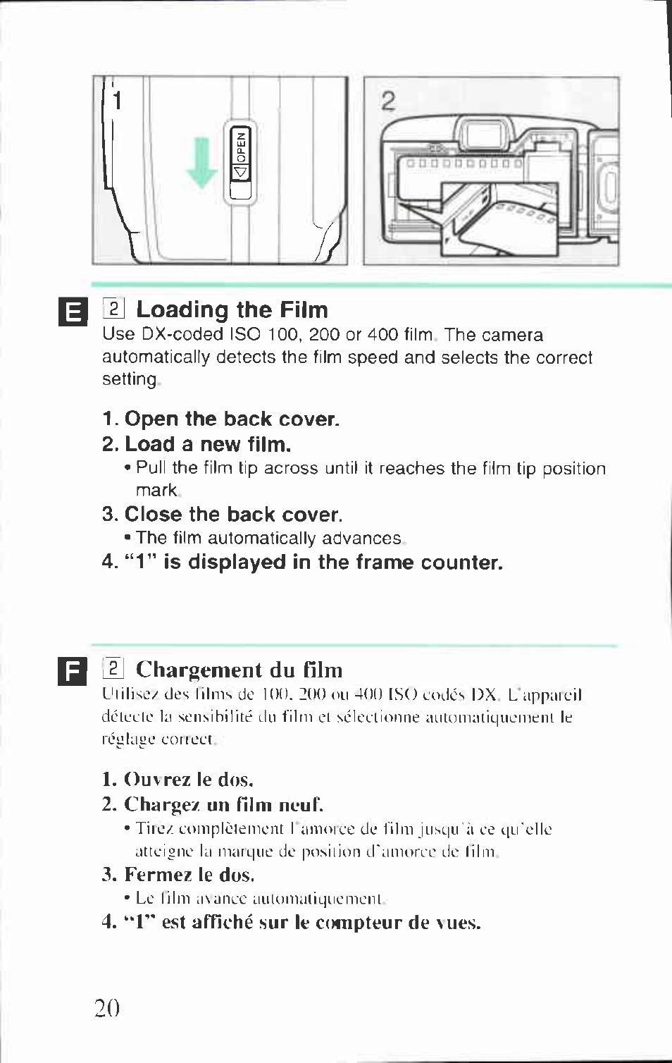 U loading the film, Open the back cover, Load a new film | Close the back cover, “1" is displayed in the frame counter, L?j chargement du film, 2j chargement du lilm | Canon BF-80 User Manual | Page 20 / 72