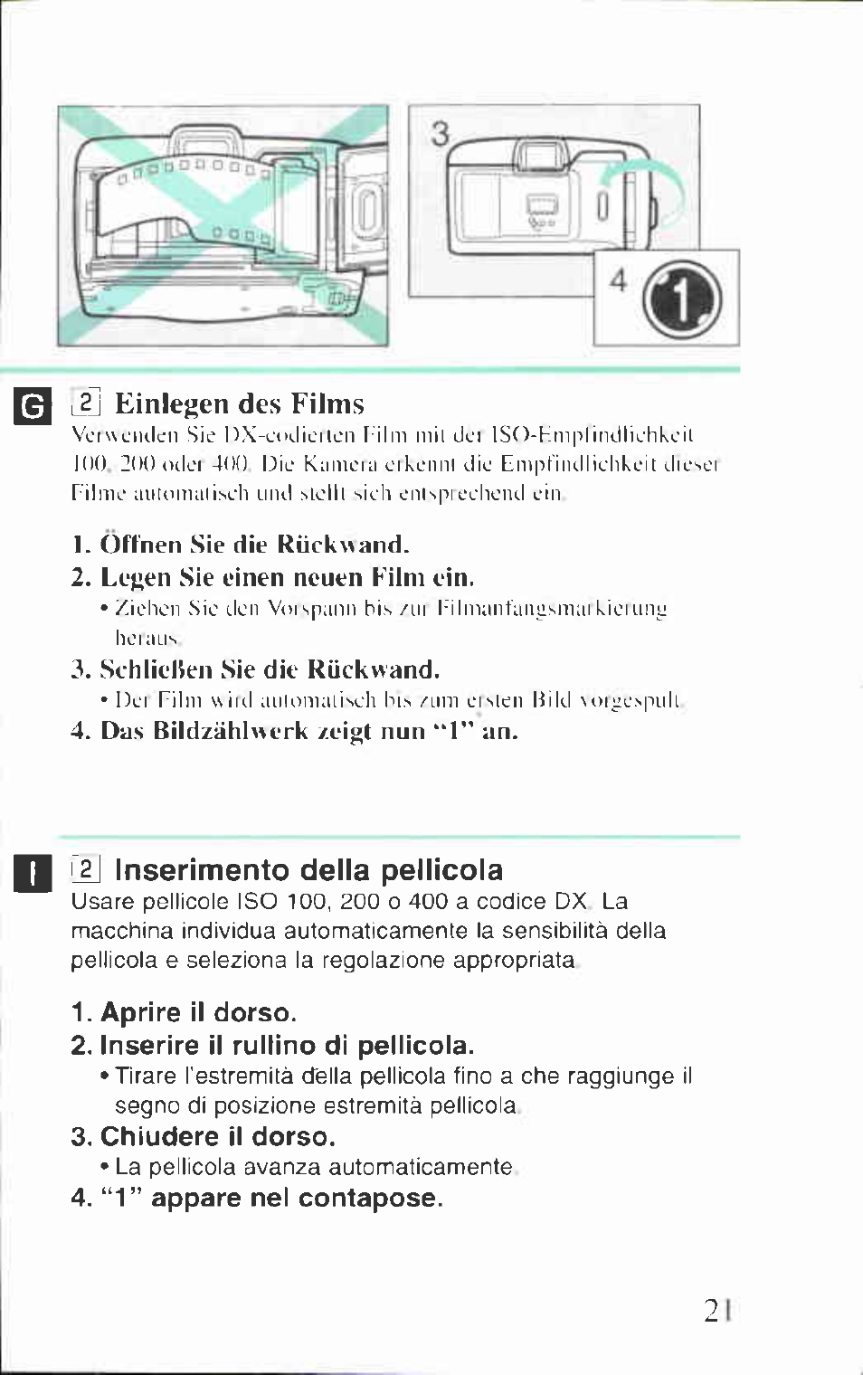 L2j einlegen des films, Inserimento della pellicola, Aprire il dorso | Inserire il rullino di pellicola, Chiudere il dorso, “1” appare nel contapose, 2j einlegen des films | Canon BF-80 User Manual | Page 21 / 72