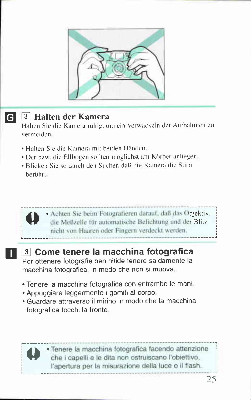 3] come tenere la macchina fotografica, Come tenere la macchina fotografica, Q h] halten der kamera | Canon BF-80 User Manual | Page 25 / 72
