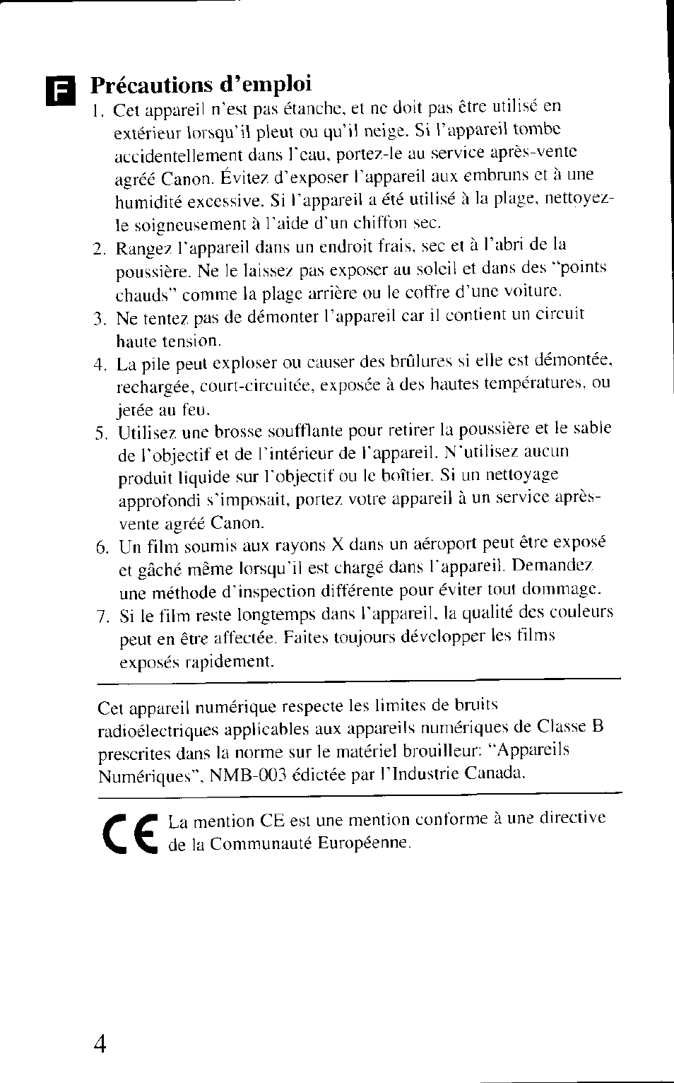 Précautions d’emploi | Canon BF-80 User Manual | Page 4 / 72