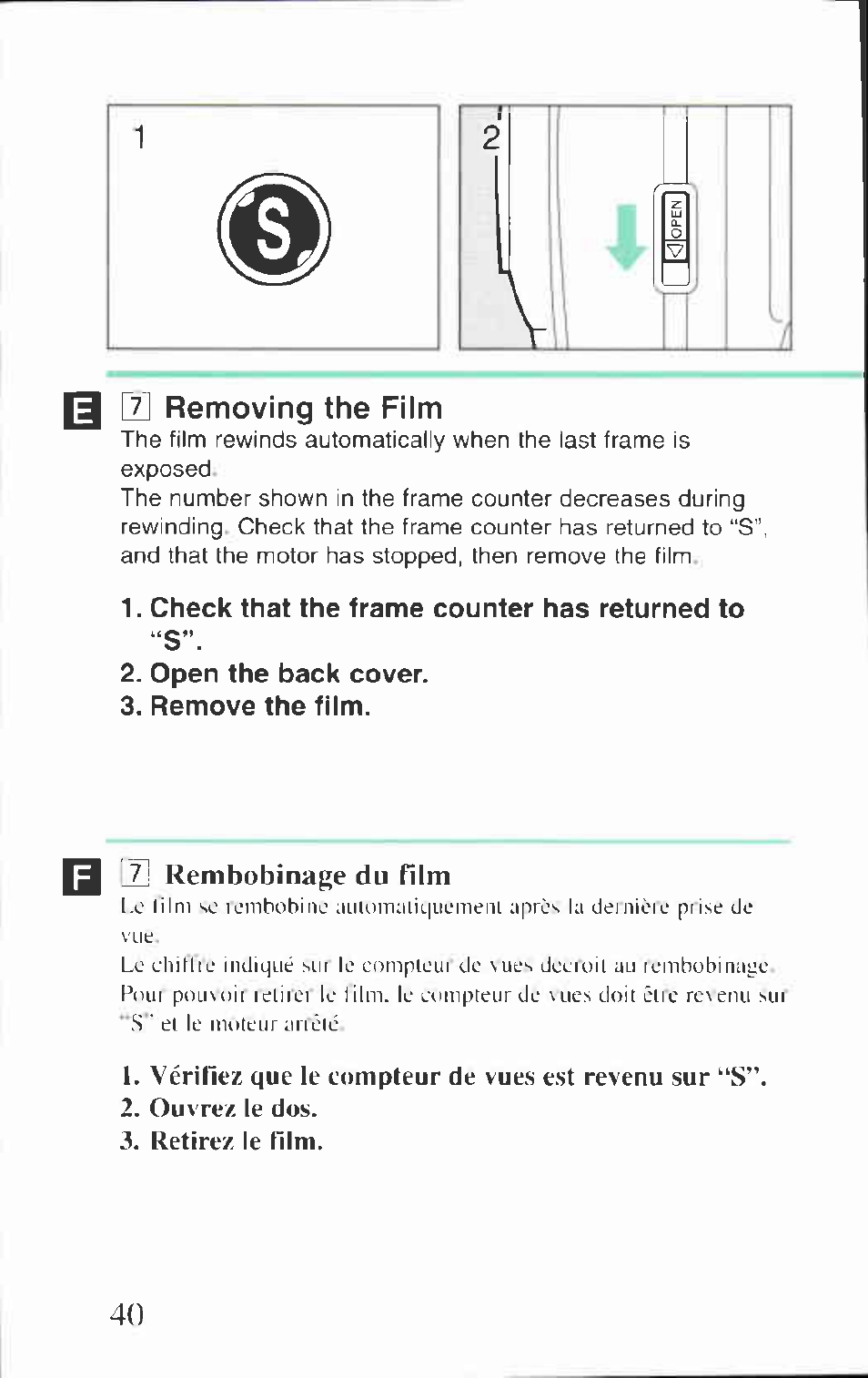 Q [u removing the film, Check that the frame counter has returned to “s, Open the back cover | Remove the film | Canon BF-80 User Manual | Page 40 / 72