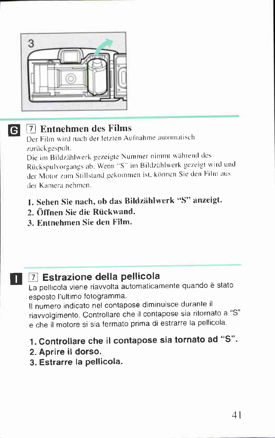 M cd entnehmen des films, U estrazione della pellicola, Controllare che il contapose sia tornato ad “s | Aprire il dorso, Estrarre la pellicola, T] entnehmen des films | Canon BF-80 User Manual | Page 41 / 72
