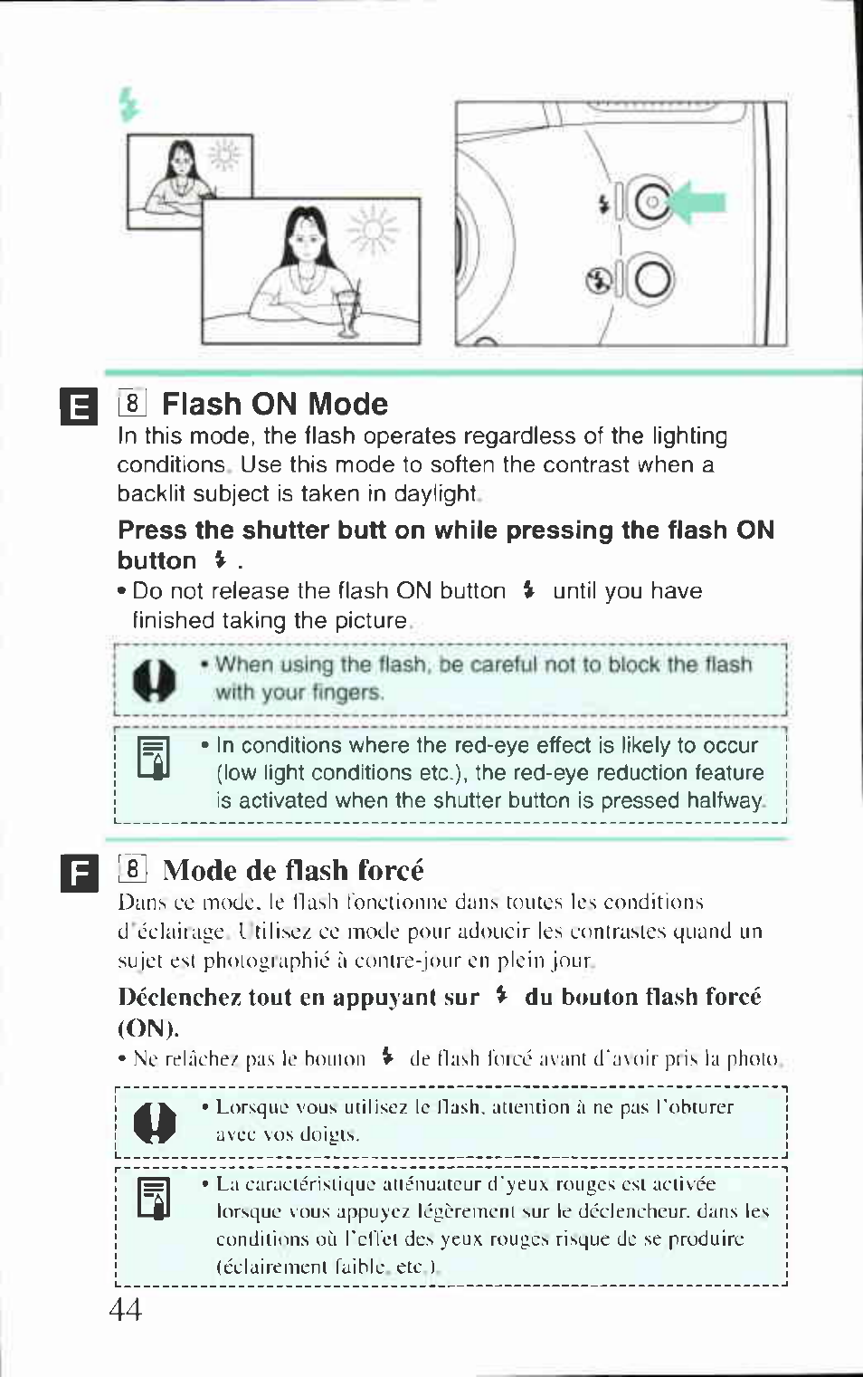 Flash on mode, Mode de flash forcé, Si mode de hash forcé | Canon BF-80 User Manual | Page 44 / 72