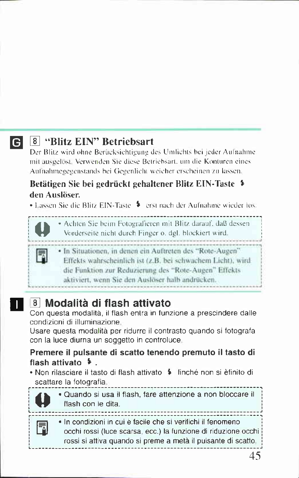 Q [b “blitz ein” betriebsart, B modalità di flash attivato, 8] "blitz ein" betriebsart | Canon BF-80 User Manual | Page 45 / 72