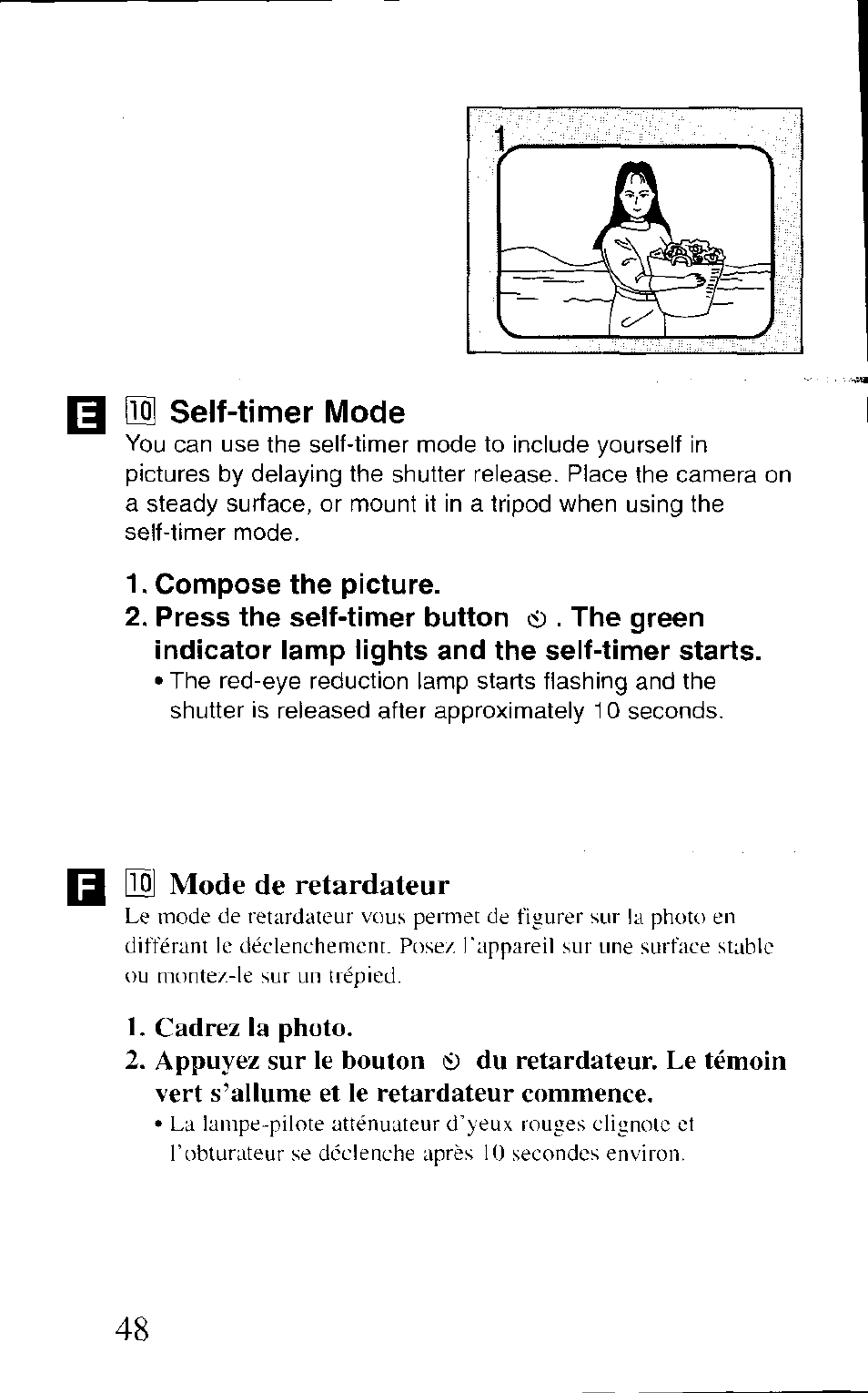 00] self-timer mode, Compose the picture, Self-timer mode | 0 mode de retardateur | Canon BF-80 User Manual | Page 48 / 72