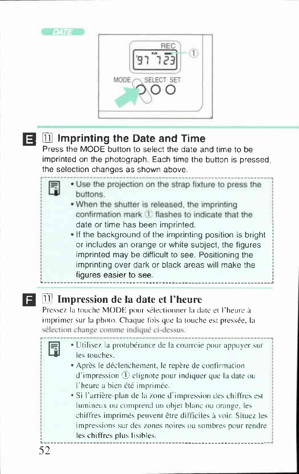 Ti imprinting the date and time, Iîi impression de la date et l’heure, Lü impression de la date et l'heure | Imprinting the date and time | Canon BF-80 User Manual | Page 52 / 72
