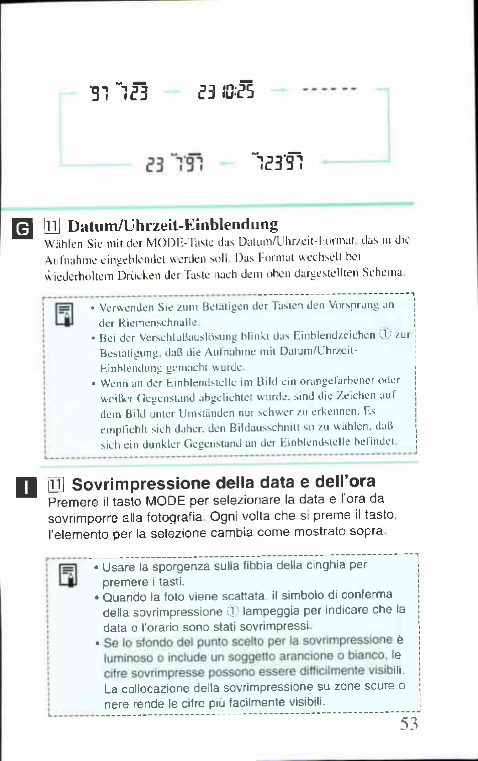 Üli datum/uhrzeit-einblendung, 11] sovrimpressione della data e dell’ora, Datum/uhrzeit-einblendung | Idì5 | Canon BF-80 User Manual | Page 53 / 72