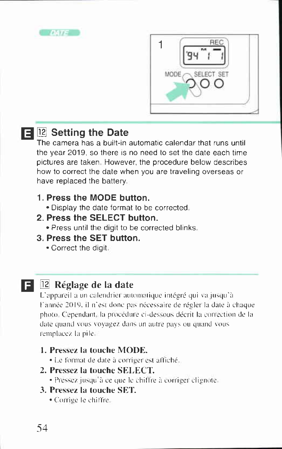I q1 setting the date, Press the mode button, Press the select button | Press the set button, Op o | Canon BF-80 User Manual | Page 54 / 72