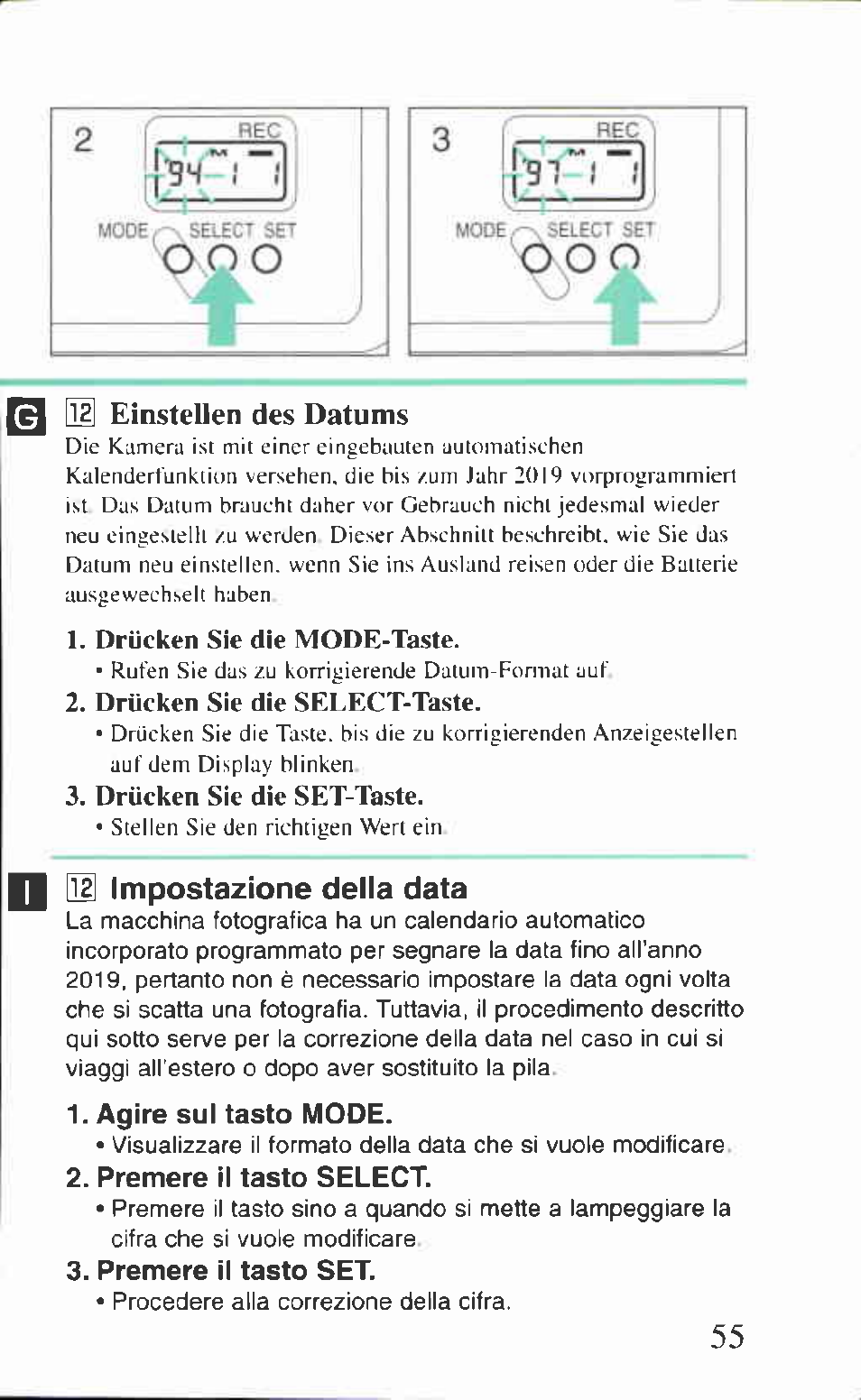 M einstellen des datums, Mi impostazione della data, Agire sul tasto mode | Premere il tasto select, Premere il tasto set, Impostazione della data | Canon BF-80 User Manual | Page 55 / 72