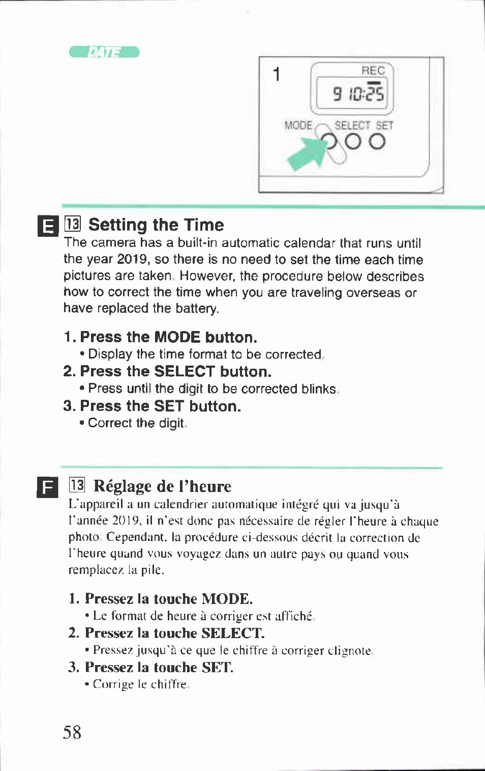 I m setting the time, Press the mode button, Press the select button | Press the set button, Si réglage de l’heure, Ü réglage de l'heure | Canon BF-80 User Manual | Page 58 / 72