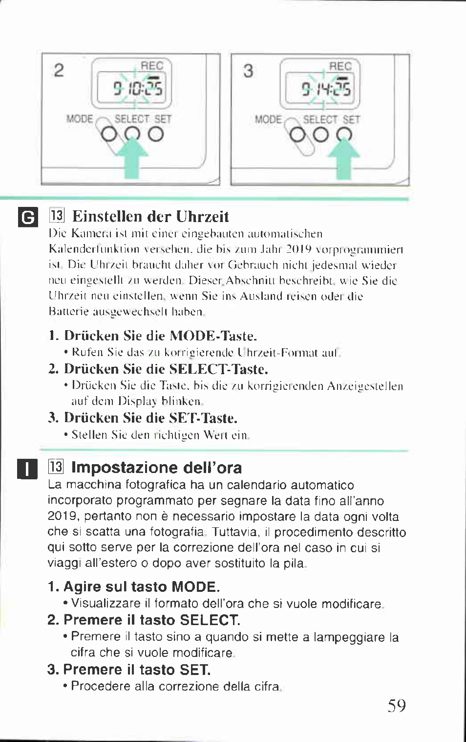 0 &3j einstellen der uhrzeit, 111 impostazione dell’ora, Agire sul tasto mode | Premere il tasto select, Premere il tasto set | Canon BF-80 User Manual | Page 59 / 72