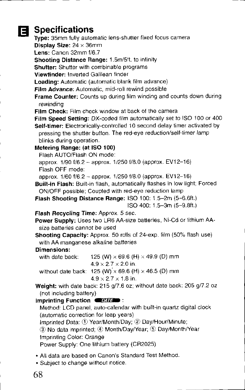 Specifications | Canon BF-80 User Manual | Page 68 / 72