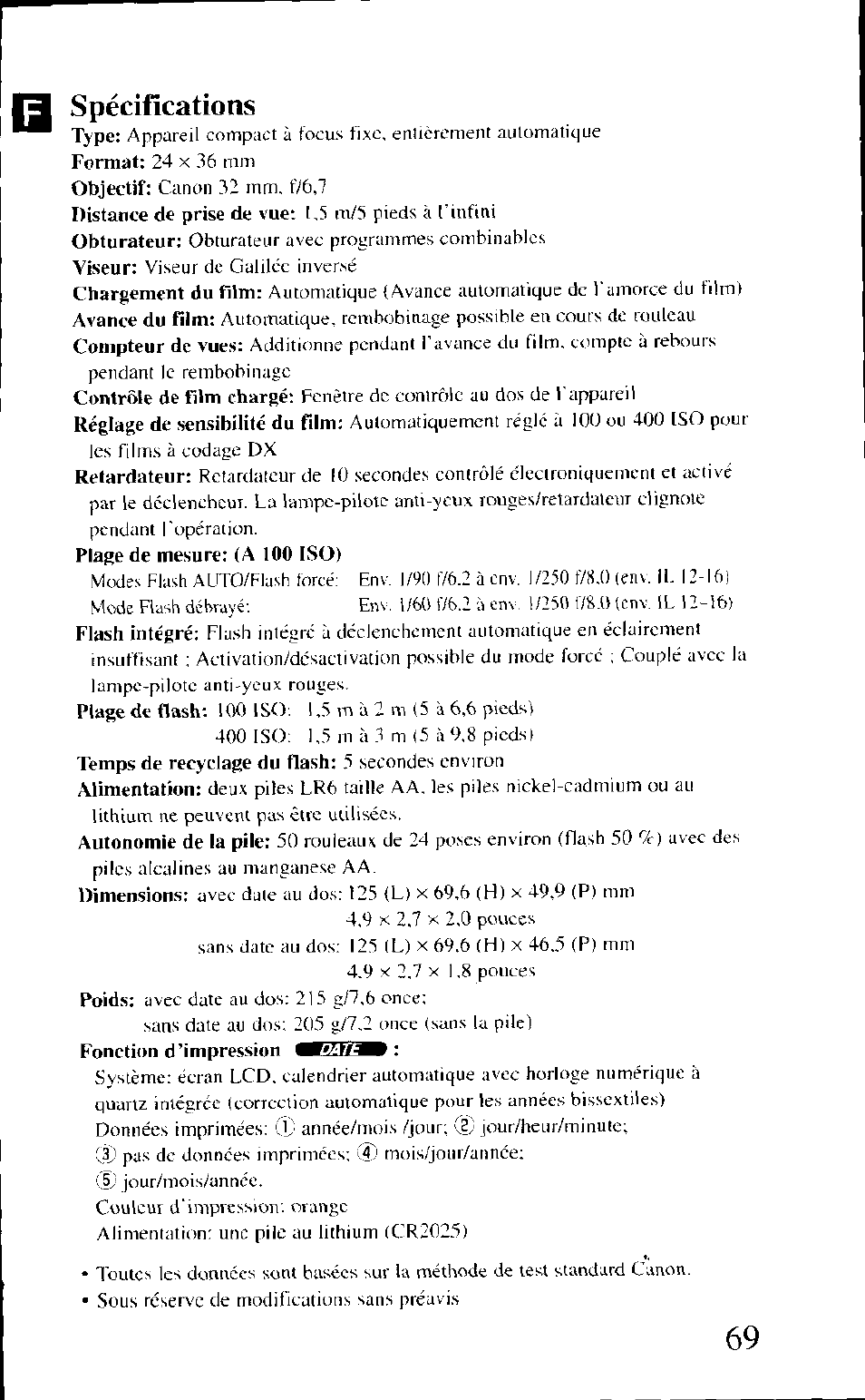 Spécifications | Canon BF-80 User Manual | Page 69 / 72