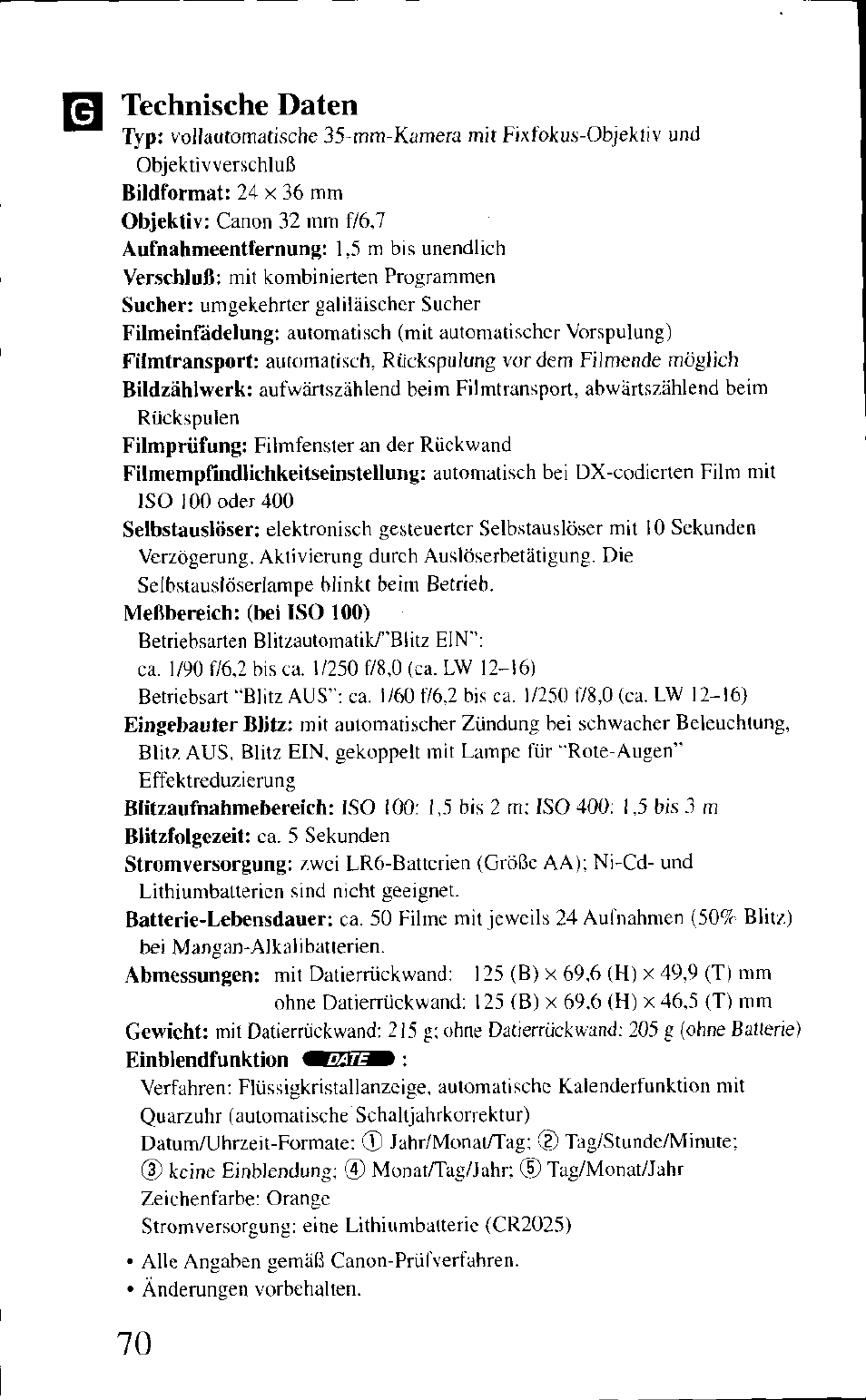 M technische daten, Technische daten | Canon BF-80 User Manual | Page 70 / 72