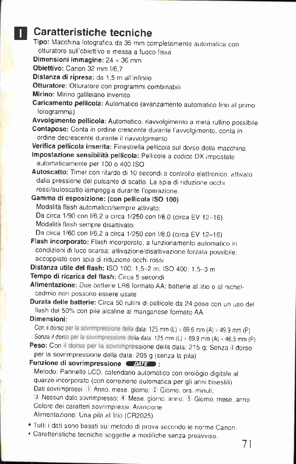 Caratteristiche tecniche | Canon BF-80 User Manual | Page 71 / 72
