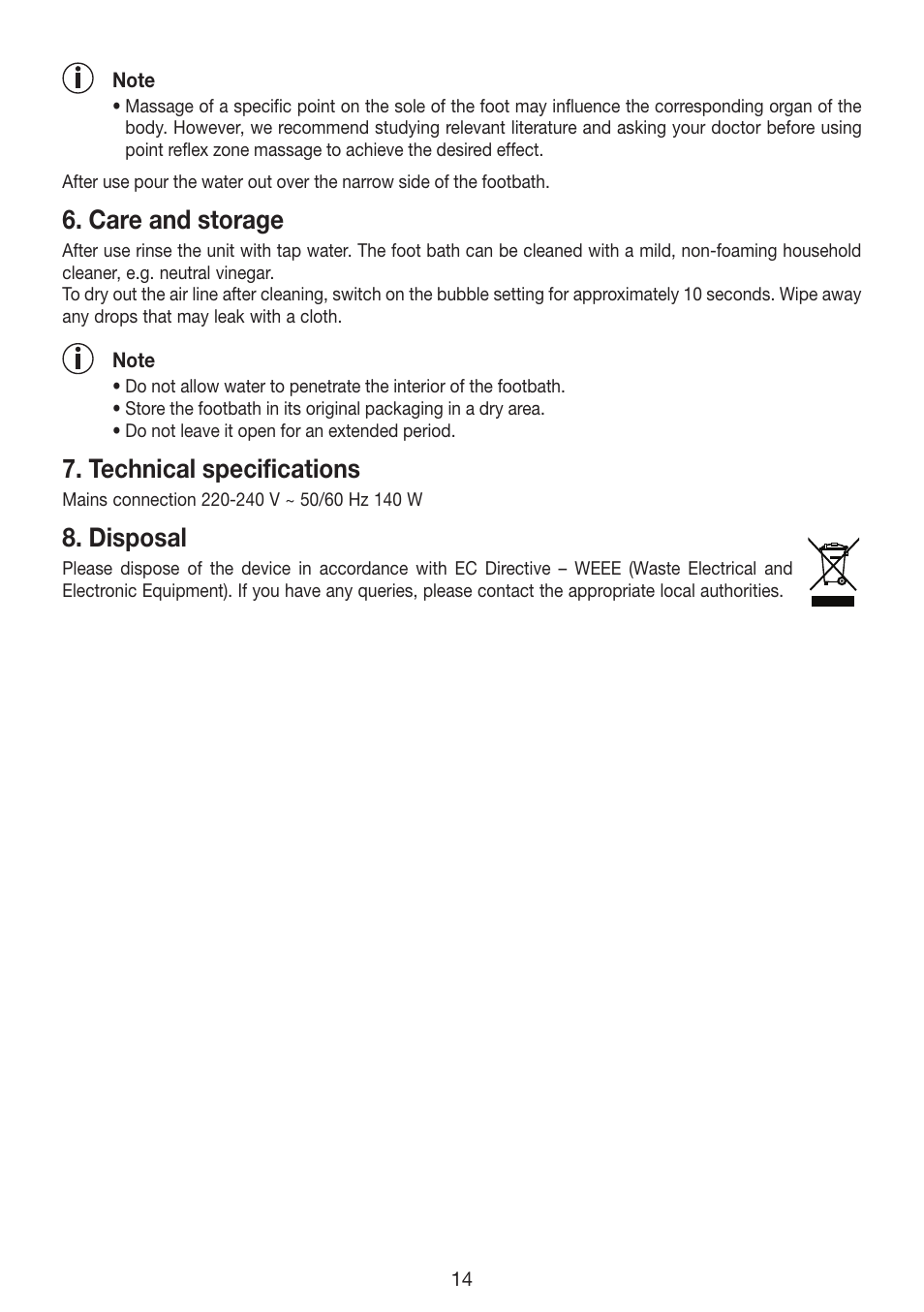 Care and storage, Technical specifications, Disposal | Beurer FB 35 User Manual | Page 14 / 56