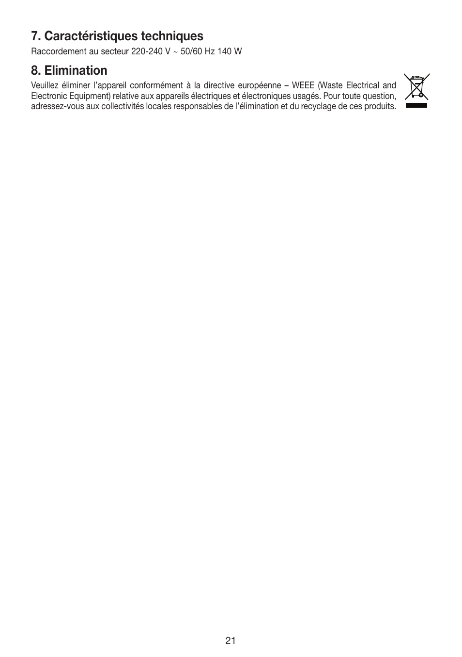Caractéristiques techniques, Elimination | Beurer FB 35 User Manual | Page 21 / 56