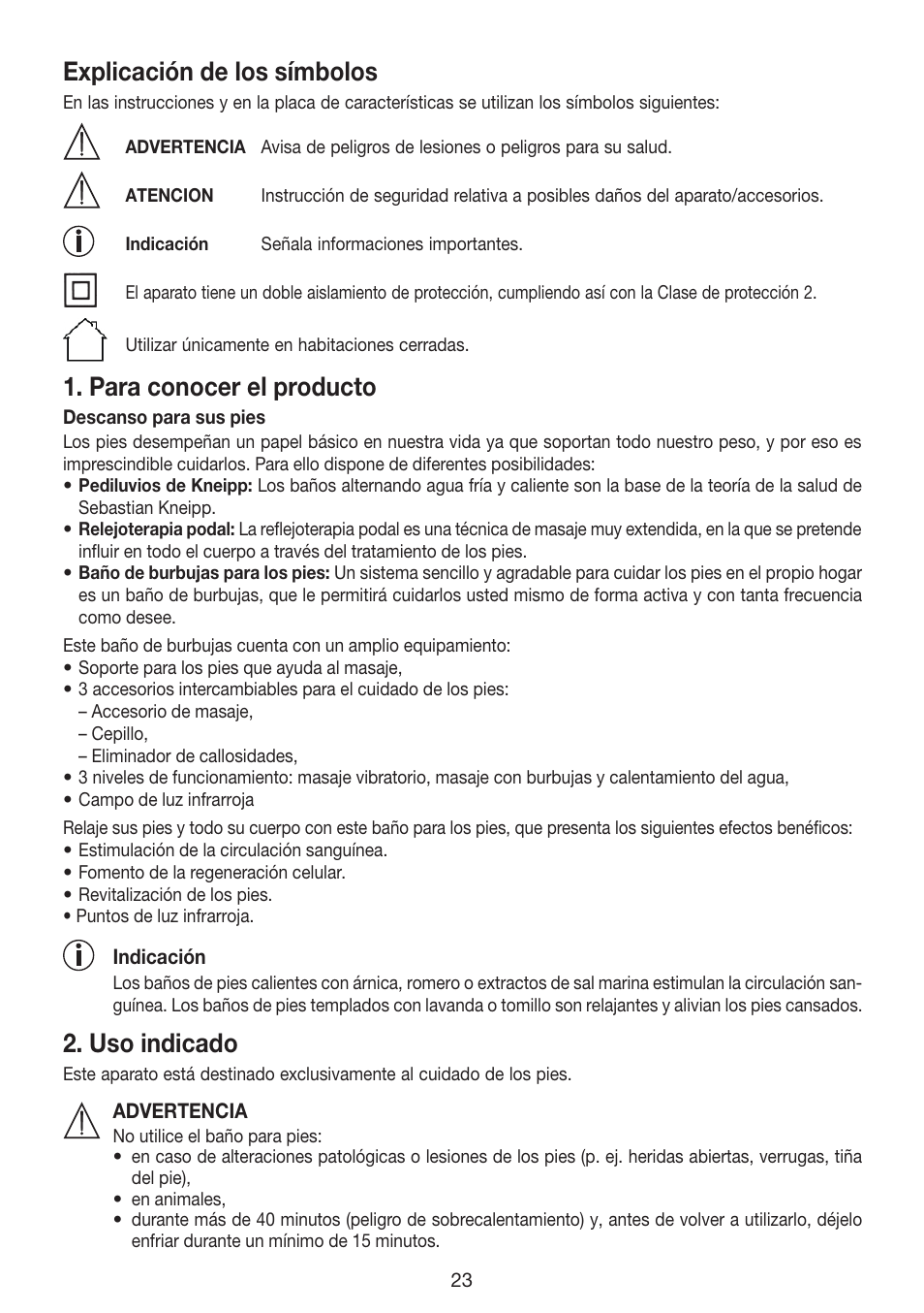 Explicación de los símbolos, Para conocer el producto, Uso indicado | Beurer FB 35 User Manual | Page 23 / 56