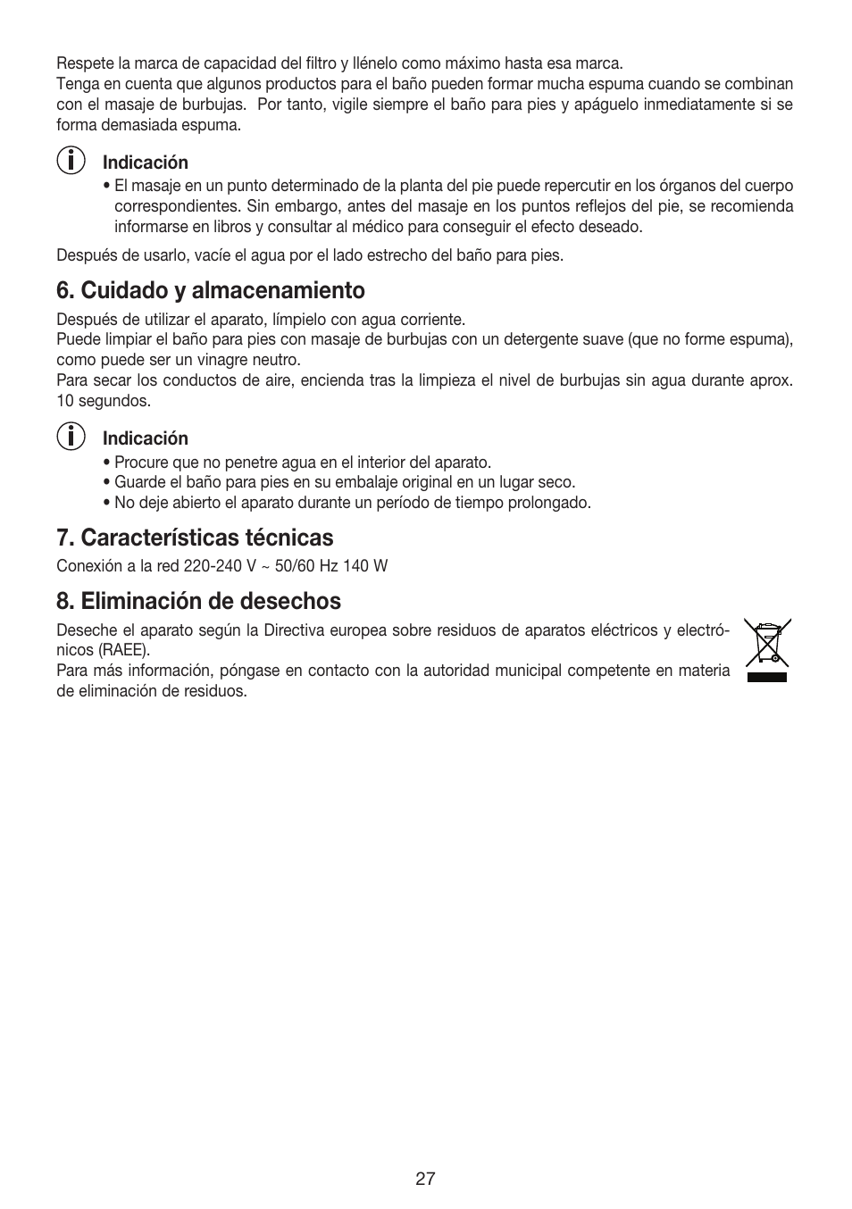 Cuidado y almacenamiento, Características técnicas, Eliminación de desechos | Beurer FB 35 User Manual | Page 27 / 56