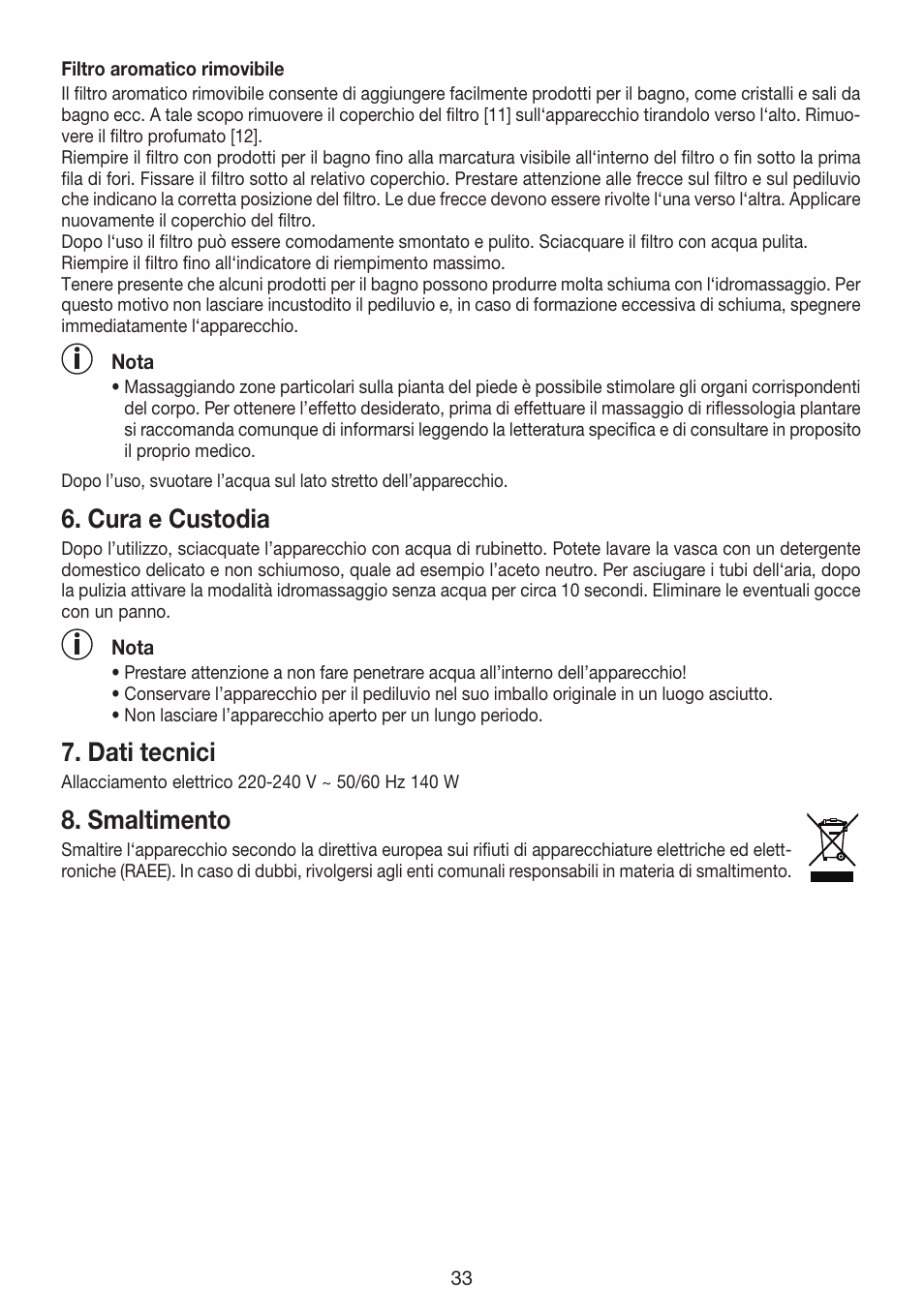 Cura e custodia, Dati tecnici, Smaltimento | Beurer FB 35 User Manual | Page 33 / 56