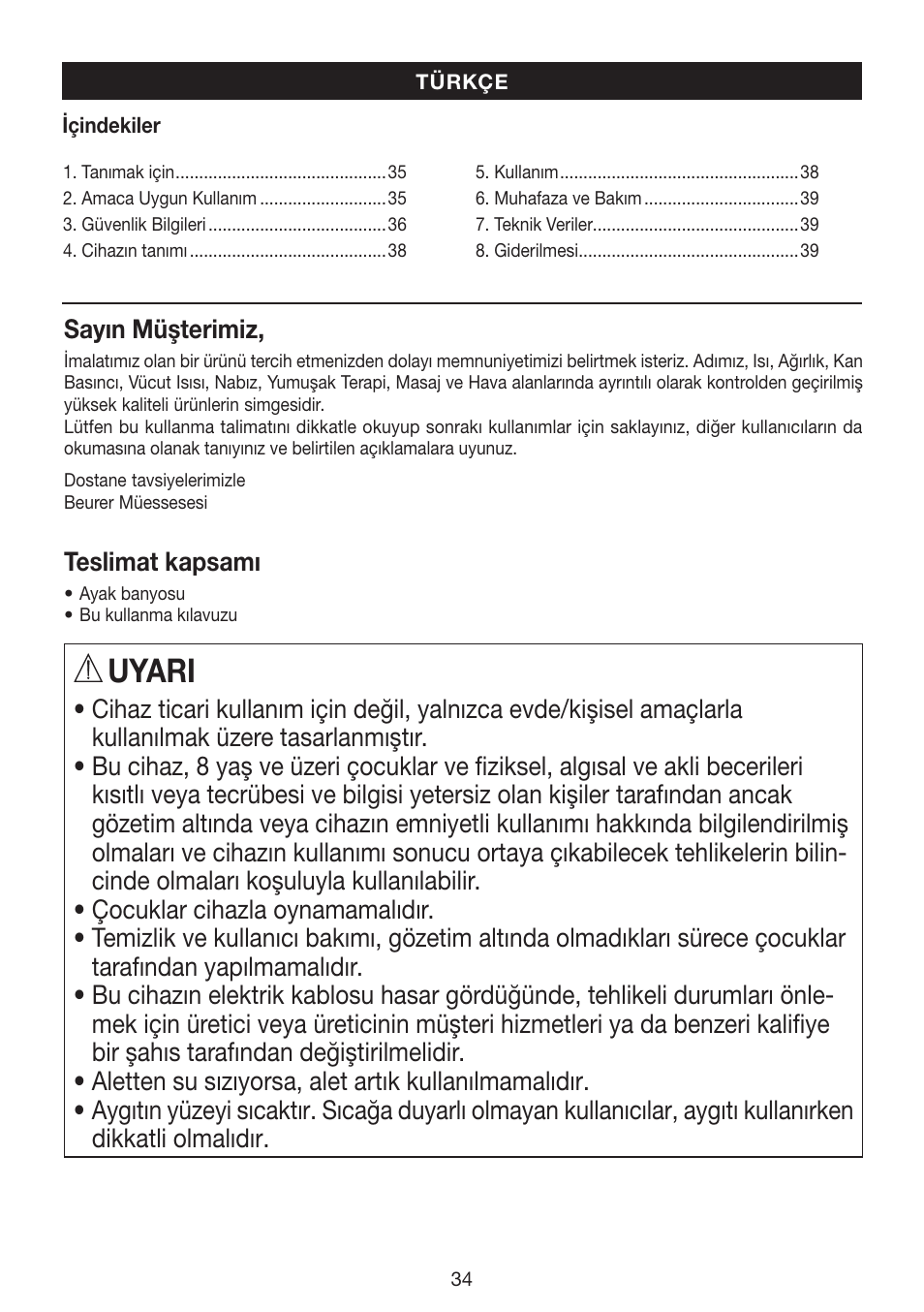 Uyari | Beurer FB 35 User Manual | Page 34 / 56
