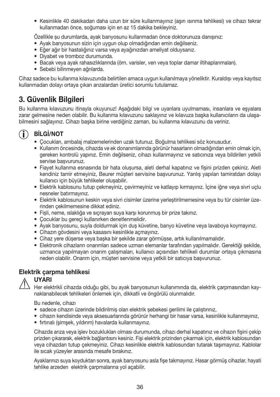 Güvenlik bilgileri | Beurer FB 35 User Manual | Page 36 / 56