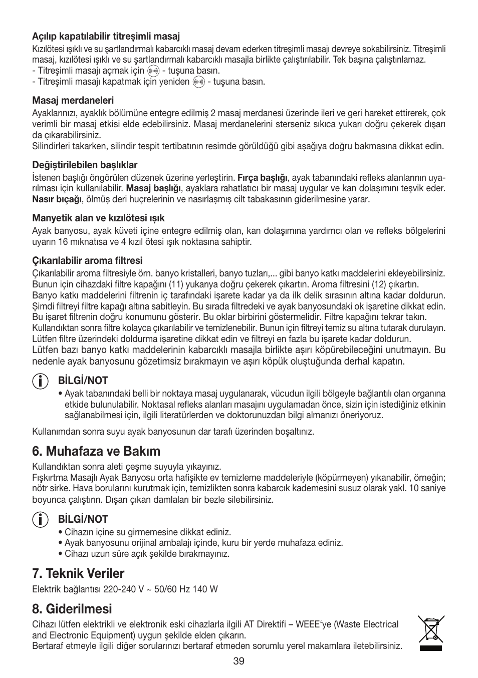 Muhafaza ve bakım, Teknik veriler, Giderilmesi | Beurer FB 35 User Manual | Page 39 / 56