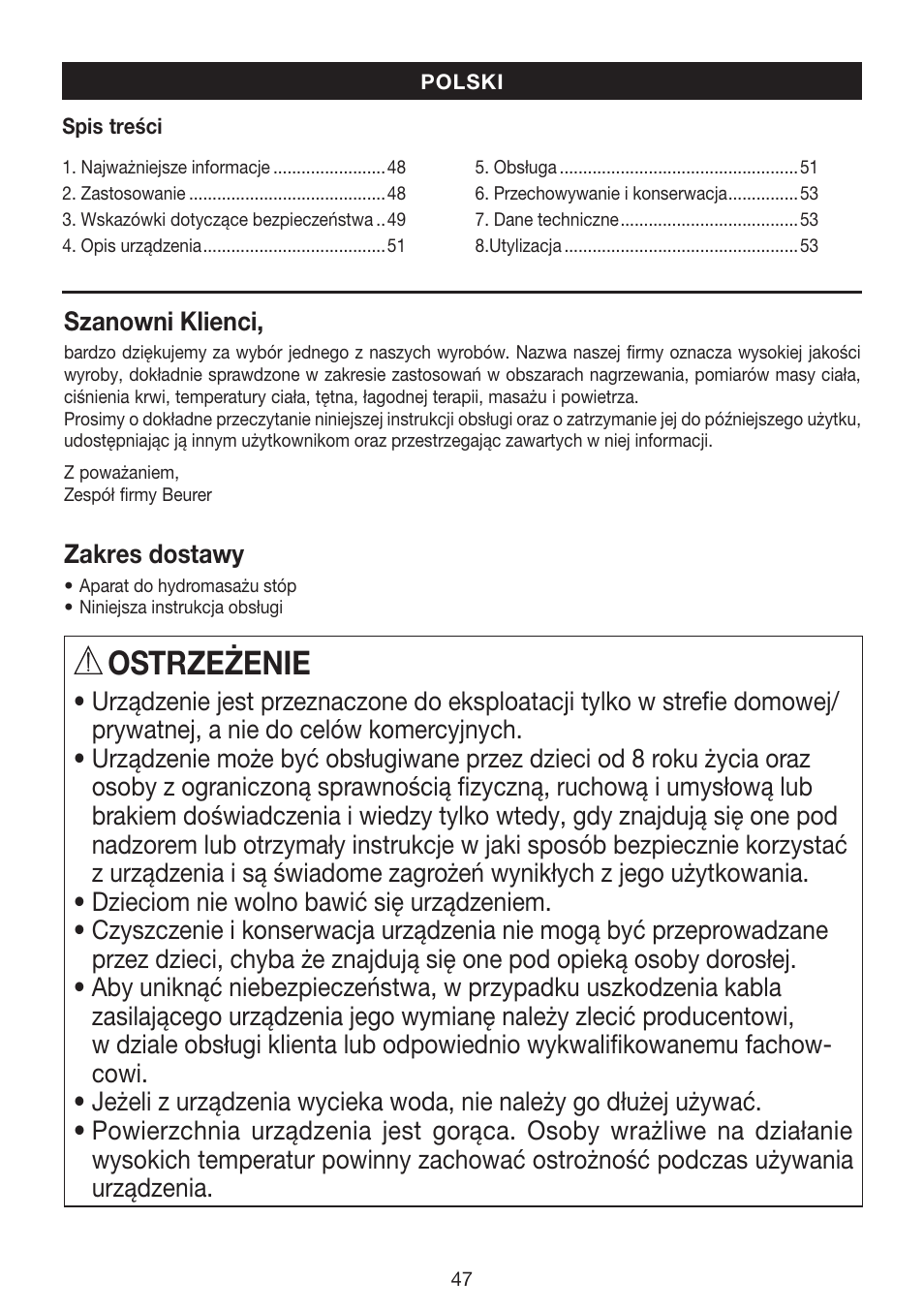 Ostrzeżenie | Beurer FB 35 User Manual | Page 47 / 56