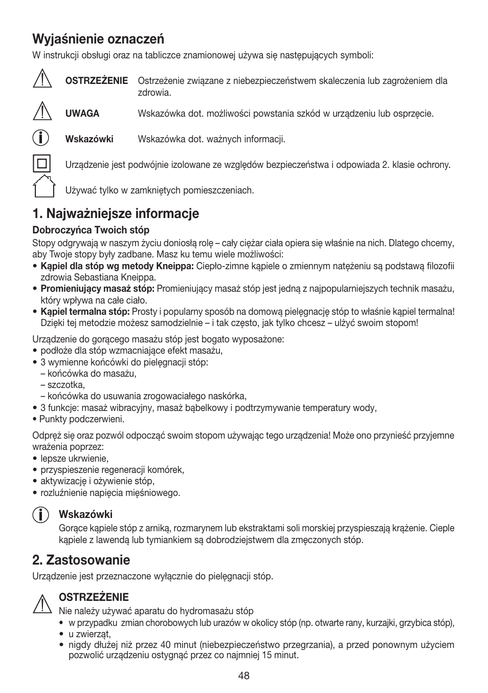 Wyjaśnienie oznaczeń, Najważniejsze informacje, Zastosowanie | Beurer FB 35 User Manual | Page 48 / 56
