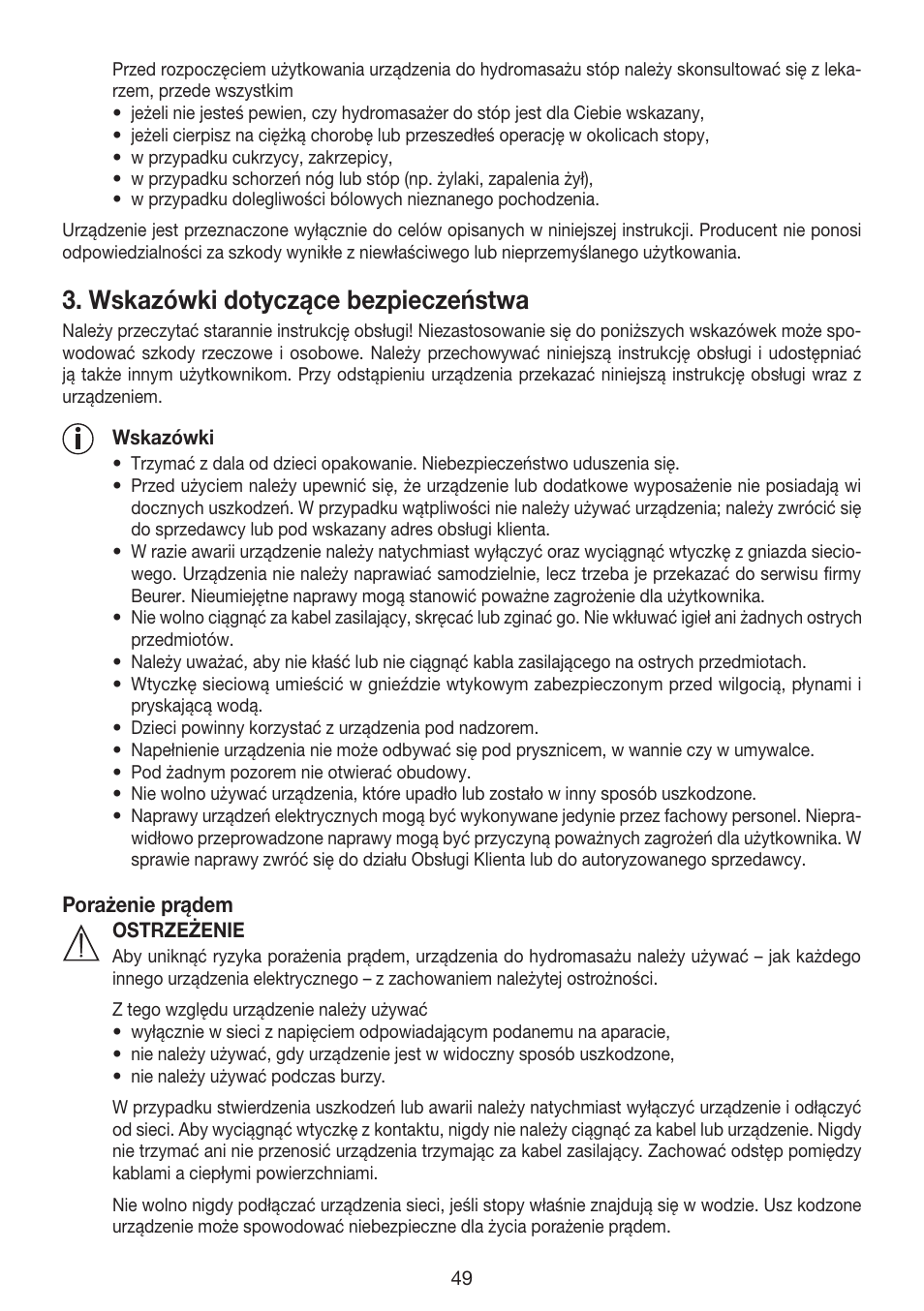 Wskazówki dotyczące bezpieczeństwa | Beurer FB 35 User Manual | Page 49 / 56