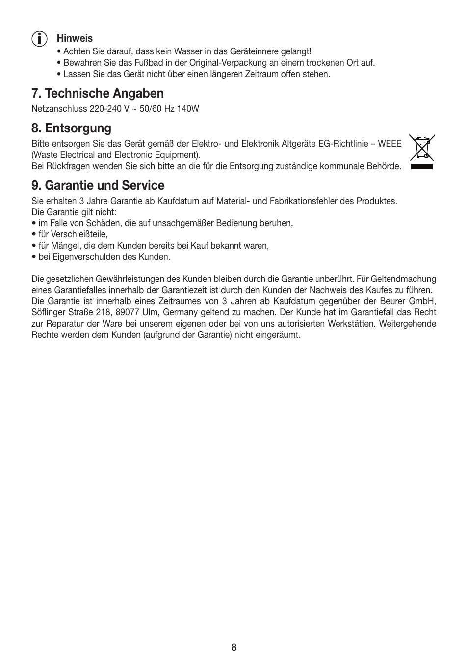 Technische angaben, Entsorgung, Garantie und service | Beurer FB 35 User Manual | Page 8 / 56
