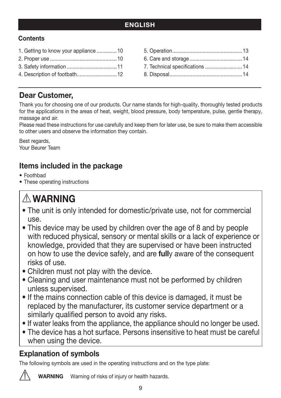 Warning | Beurer FB 35 User Manual | Page 9 / 56