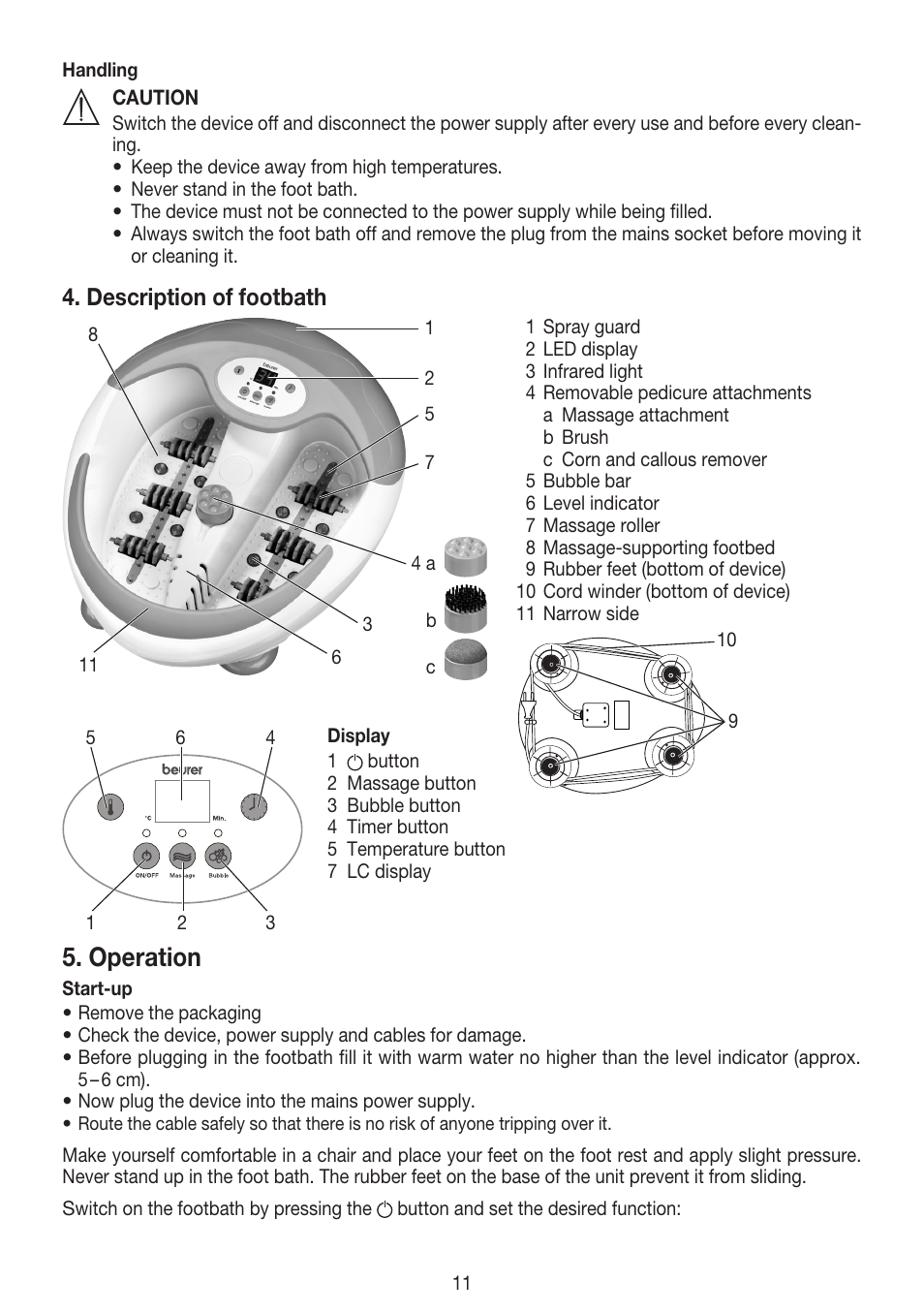 Operation, Description of footbath | Beurer FB 50 User Manual | Page 11 / 48