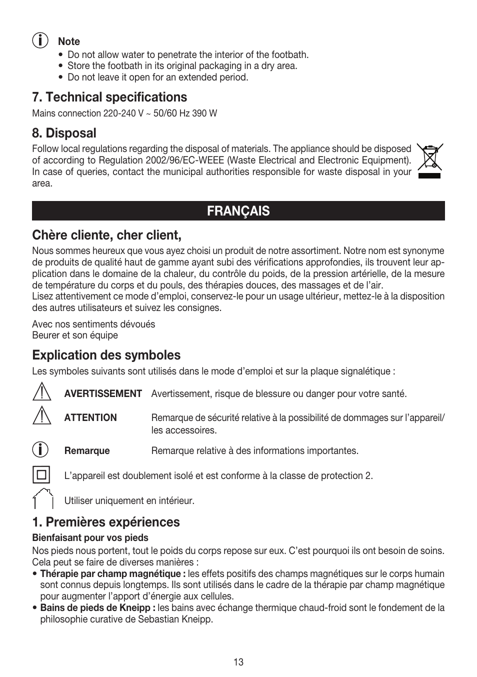 Technical specifications, Disposal, Chère cliente, cher client | Explication des symboles, Premières expériences, Français | Beurer FB 50 User Manual | Page 13 / 48