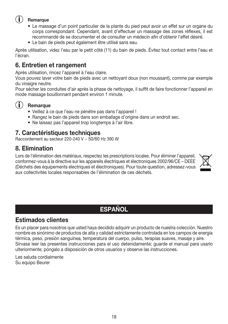 Estimados clientes, Español, Entretien et rangement | Caractéristiques techniques, Elimination | Beurer FB 50 User Manual | Page 18 / 48