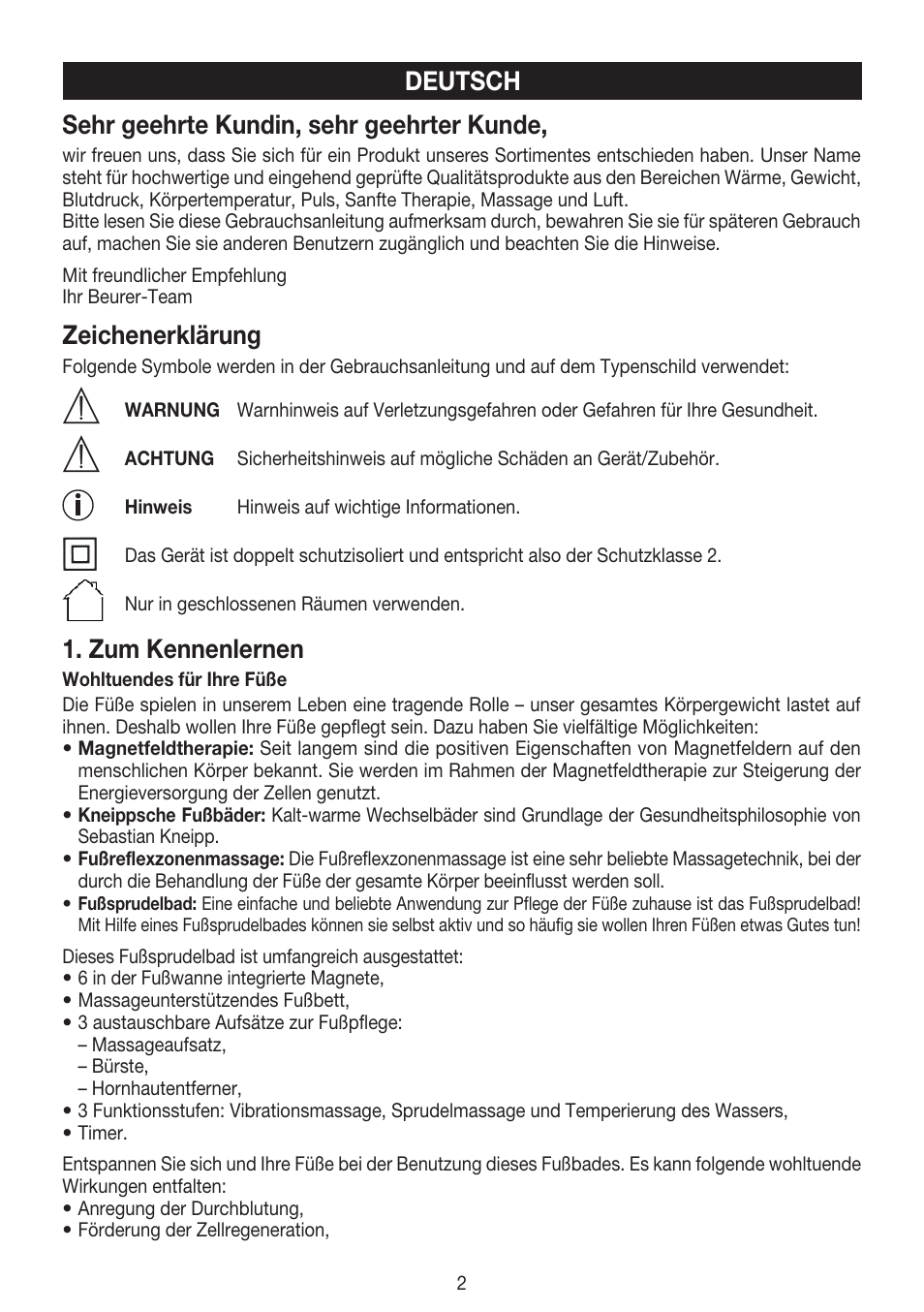 Sehr geehrte kundin, sehr geehrter kunde, Zeichenerklärung, Zum kennenlernen | Deutsch | Beurer FB 50 User Manual | Page 2 / 48