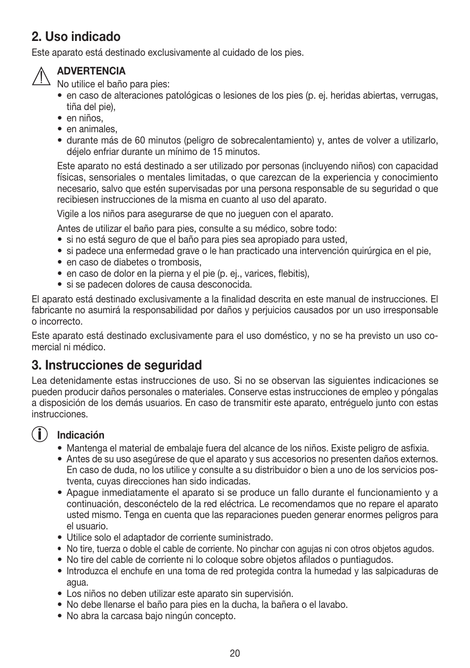 Uso indicado, Instrucciones de seguridad | Beurer FB 50 User Manual | Page 20 / 48