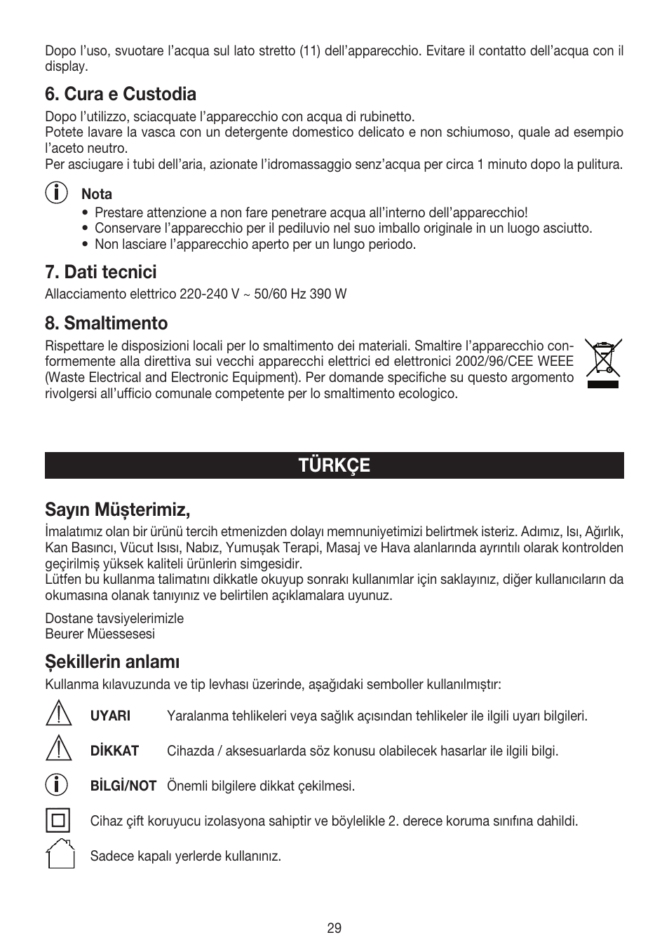 Sayın müşterimiz, Şekillerin anlamı, Türkçe | Cura e custodia, Dati tecnici, Smaltimento | Beurer FB 50 User Manual | Page 29 / 48