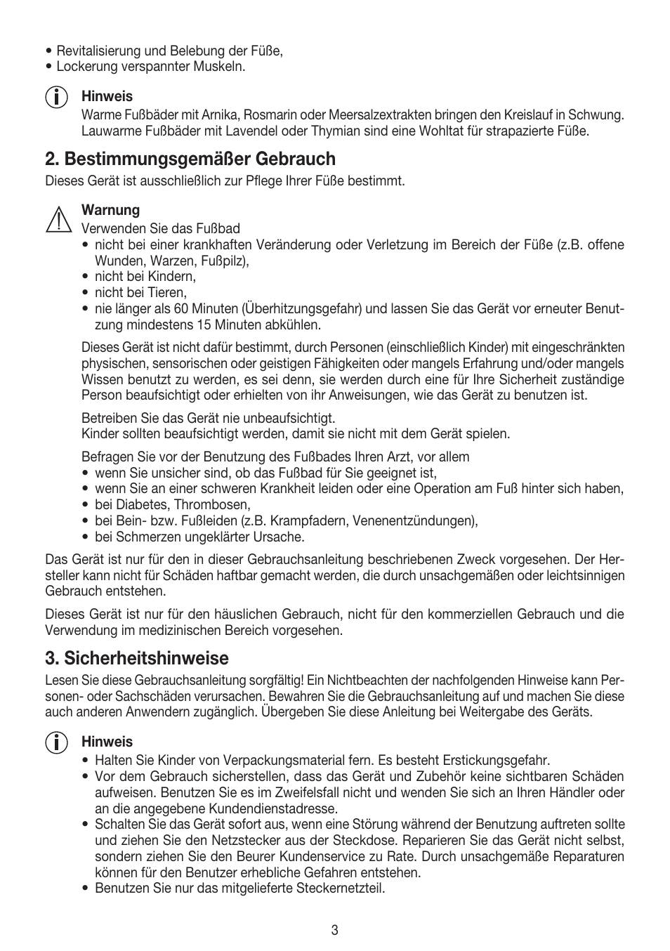 Bestimmungsgemäßer gebrauch, Sicherheitshinweise | Beurer FB 50 User Manual | Page 3 / 48