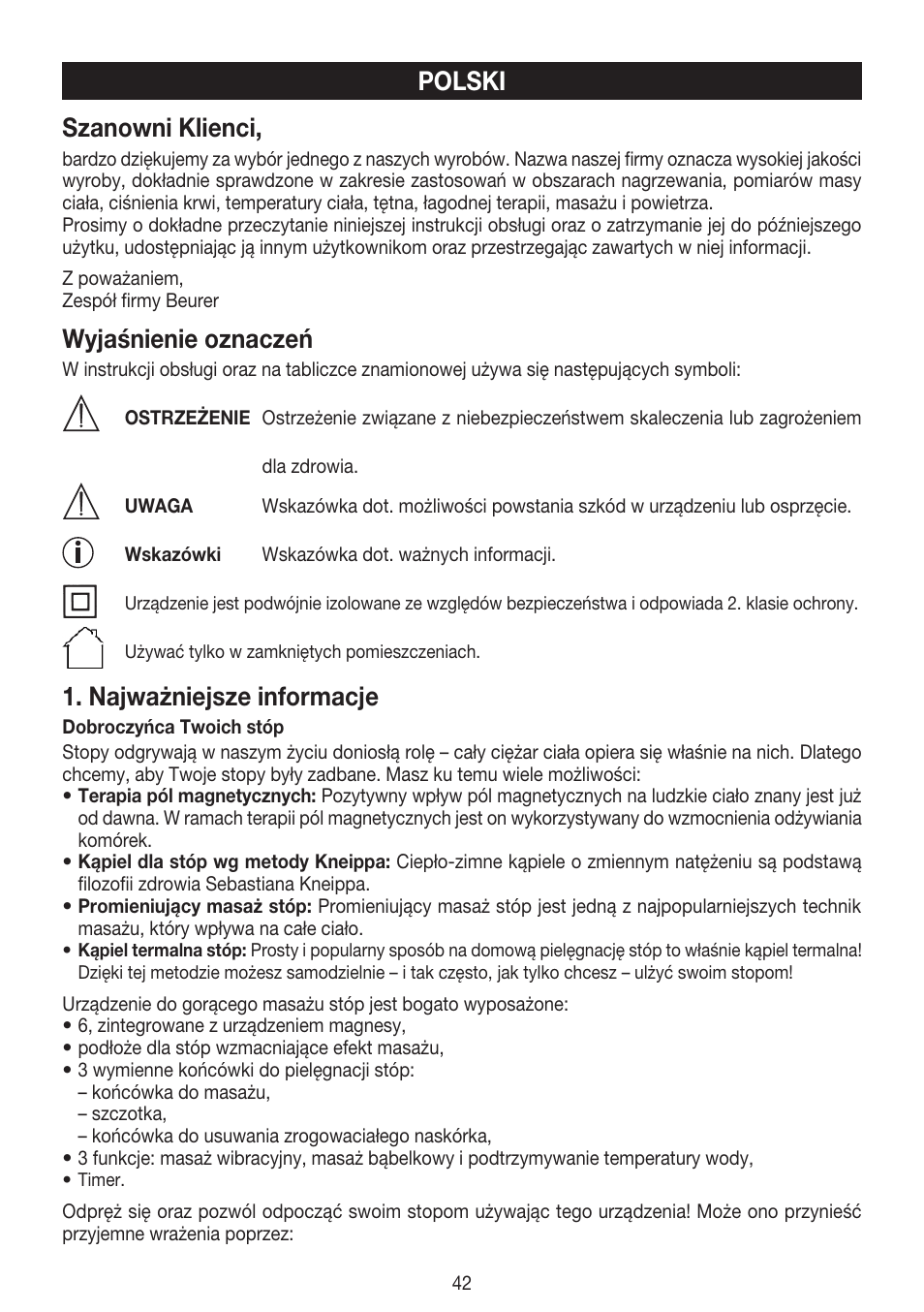 Szanowni klienci, Wyjaśnienie oznaczeń, Najważniejsze informacje | Polski | Beurer FB 50 User Manual | Page 42 / 48