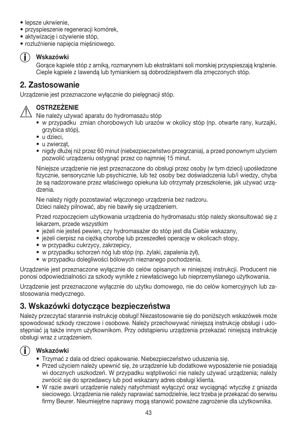 Zastosowanie, Wskazówki dotyczące bezpieczeństwa | Beurer FB 50 User Manual | Page 43 / 48