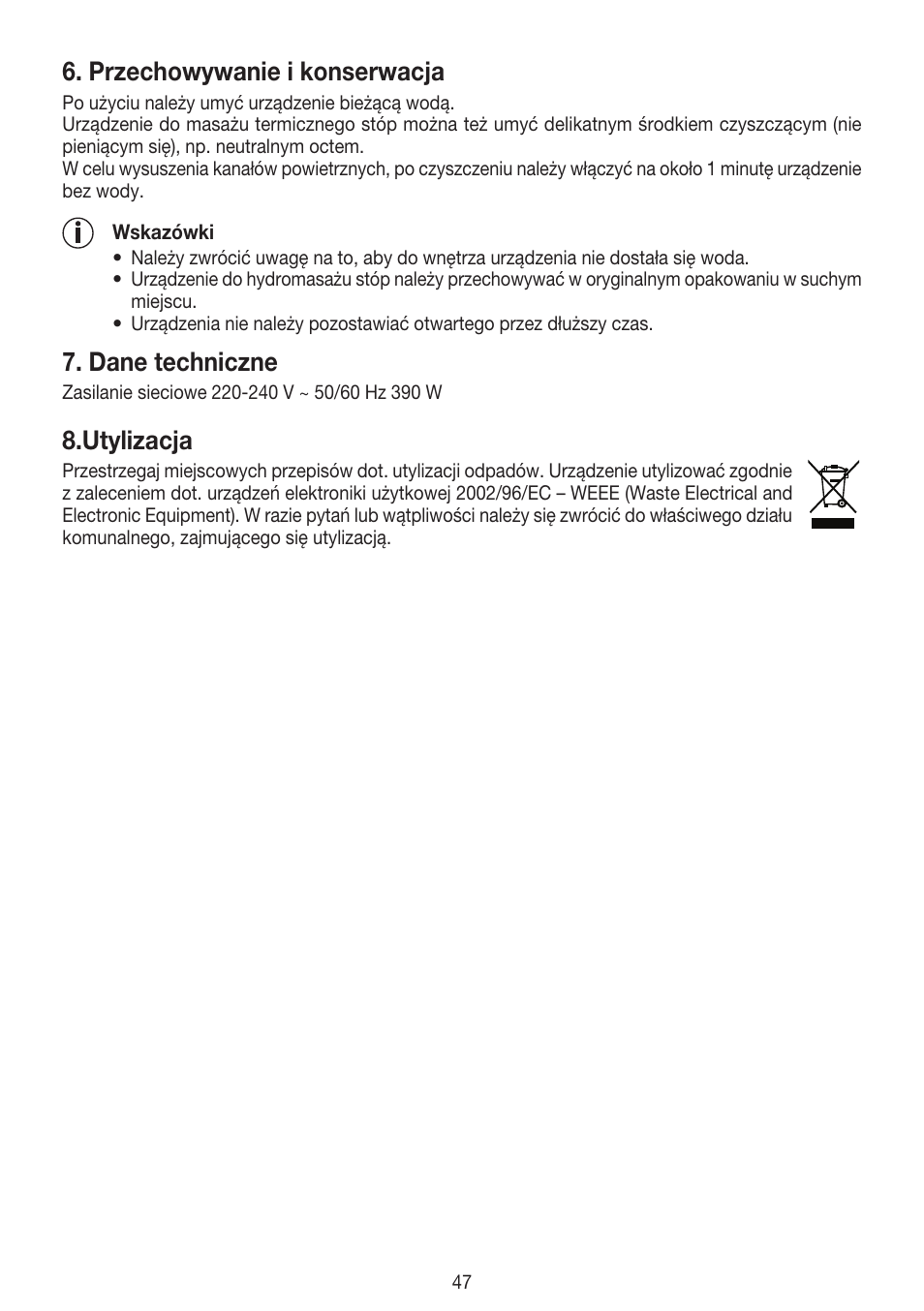 Przechowywanie i konserwacja, Dane techniczne, Utylizacja | Beurer FB 50 User Manual | Page 47 / 48