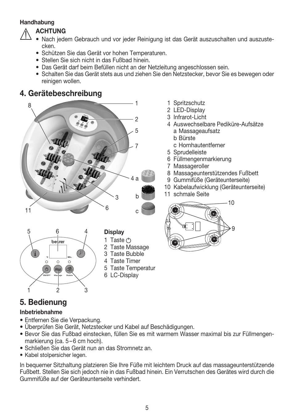 Gerätebeschreibung, Bedienung | Beurer FB 50 User Manual | Page 5 / 48