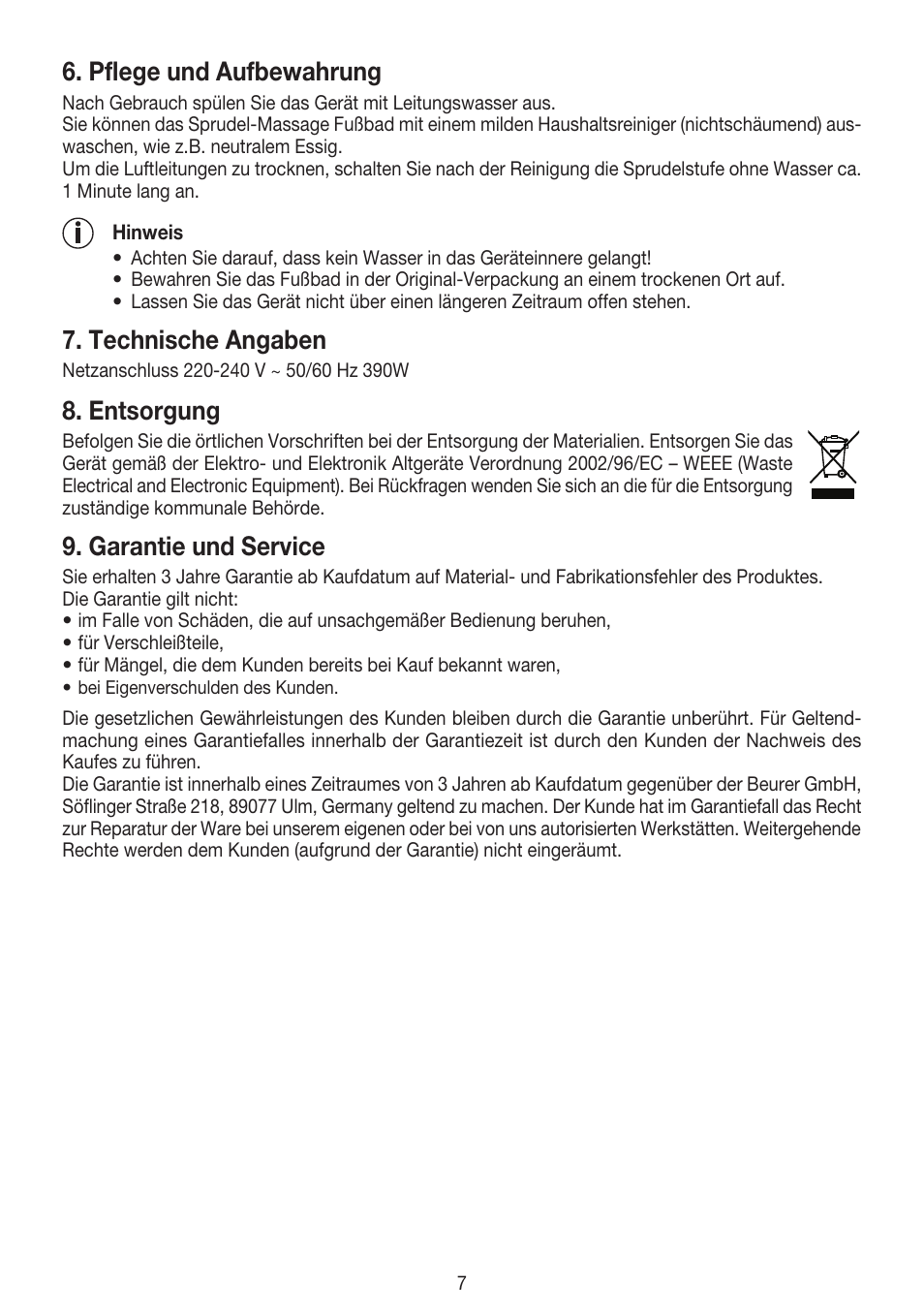 Pflege und aufbewahrung, Technische angaben, Entsorgung | Garantie und service | Beurer FB 50 User Manual | Page 7 / 48