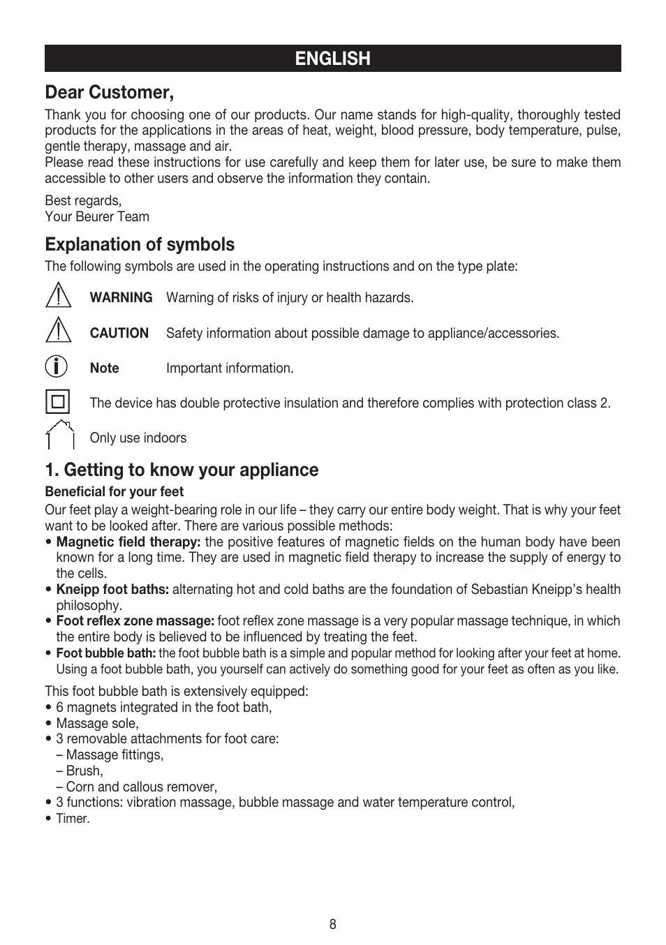 English dear customer, Explanation of symbols, Getting to know your appliance | Beurer FB 50 User Manual | Page 8 / 48