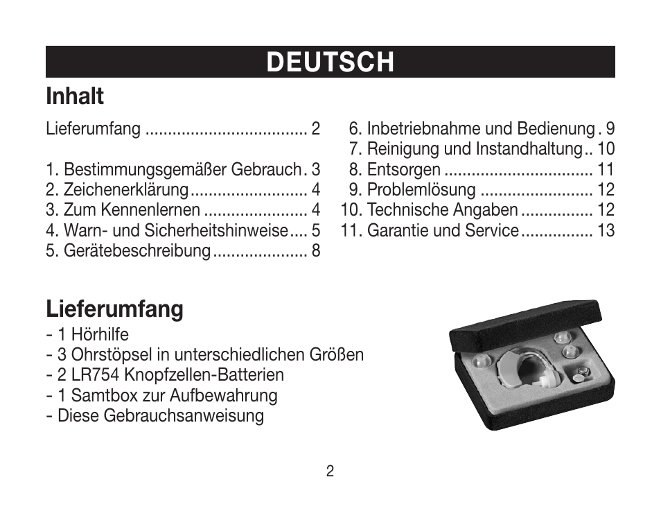 Deutsch, Lieferumfang, Inhalt | Beurer HA 20 User Manual | Page 2 / 48