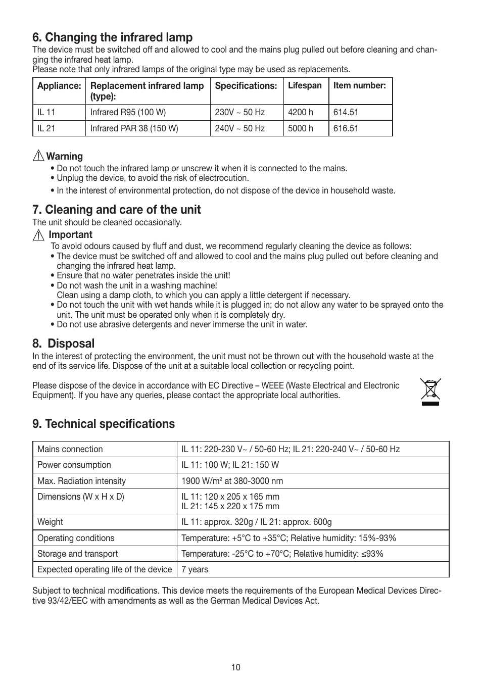 Changing the infrared lamp, Cleaning and care of the unit, Disposal | Technical specifications | Beurer IL 11 User Manual | Page 10 / 48