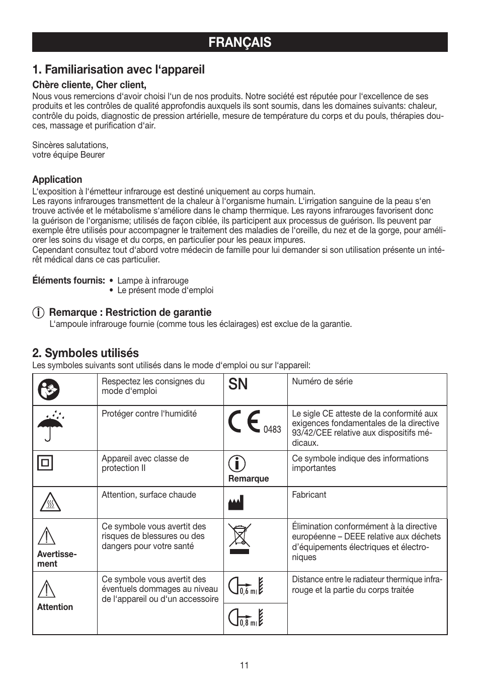 Français, Familiarisation avec l‘appareil, Symboles utilisés | Beurer IL 11 User Manual | Page 11 / 48